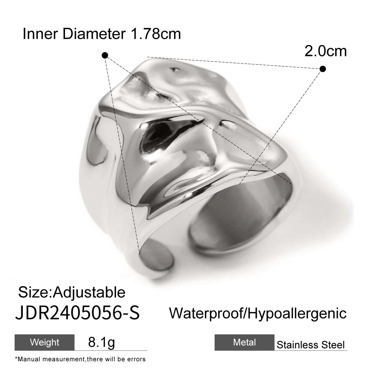 18K PVD Plated Fashion Big Hammer Grain Smooth Open Ring Stainless Steel Women Prevent Allergy Trendy Daily Femme Gift