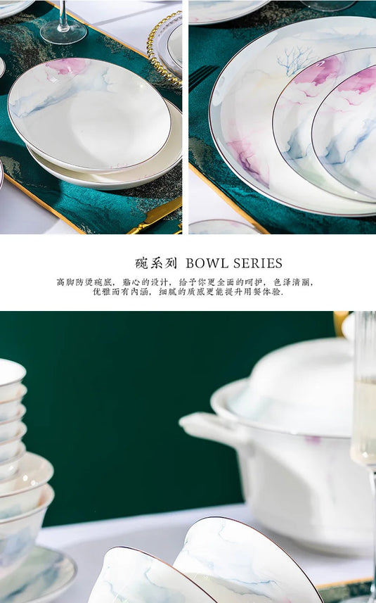 Jingdezhen Ceramic Bowl and Dish Set, Bone Porcelain Bowl and Chopstick Household Tableware Set