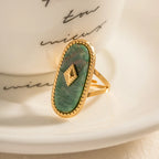 Vintage Oval Design Natural Stone Open Ring For Women Exaggerated Stainless Steel Waterproof Adjustable Jewelry Gift
