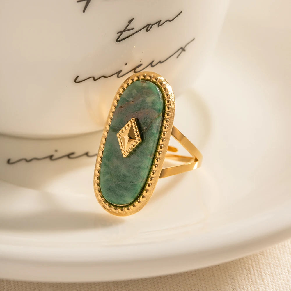 Vintage Oval Design Natural Stone Open Ring For Women Exaggerated Stainless Steel Waterproof Adjustable Jewelry Gift