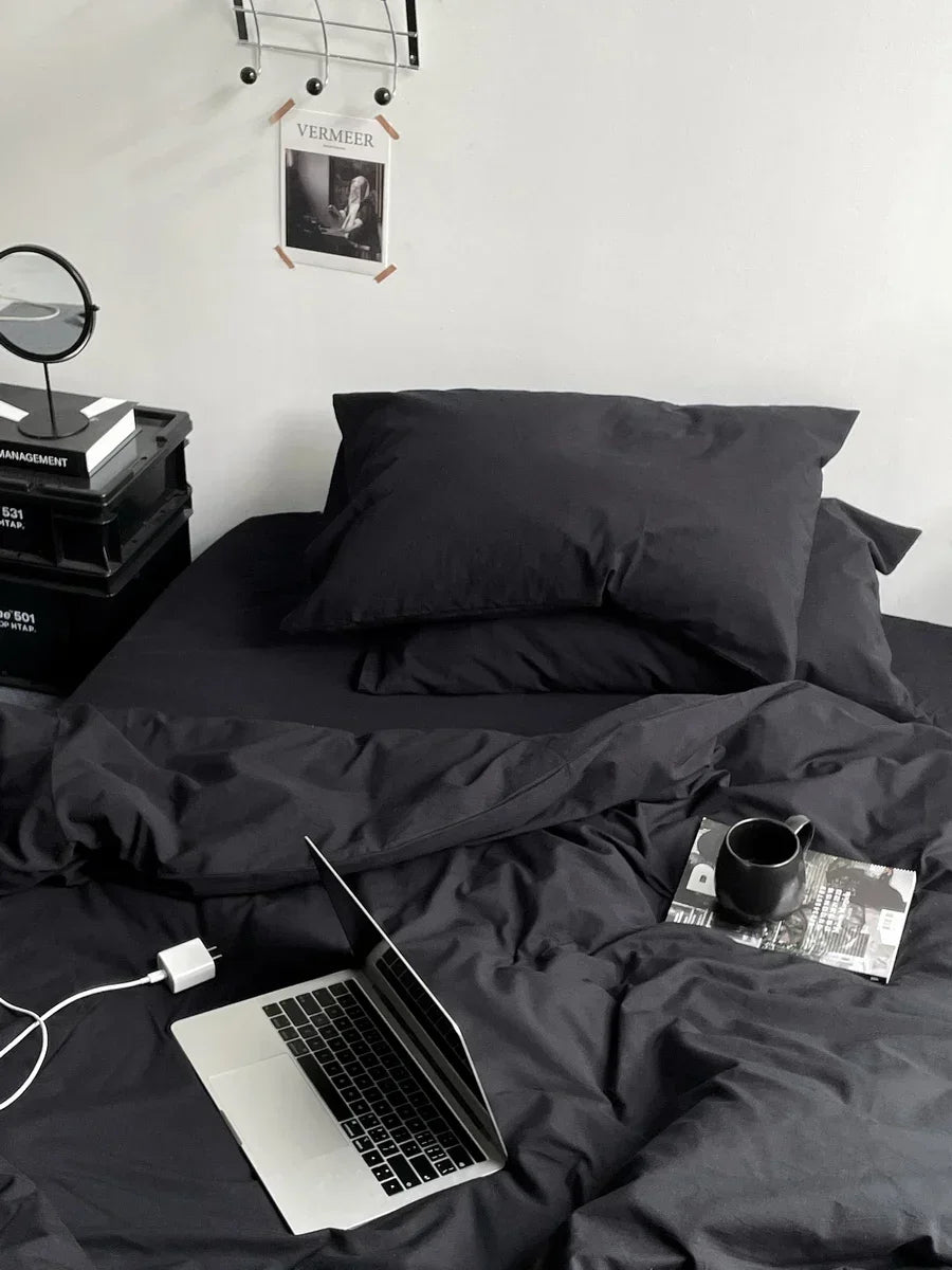 Hot Sale Washed Cotton Black Comforter Bedding Sets Soft Skin-friendly Black Duvet Cover Sets Bedroom Bed Cover Set