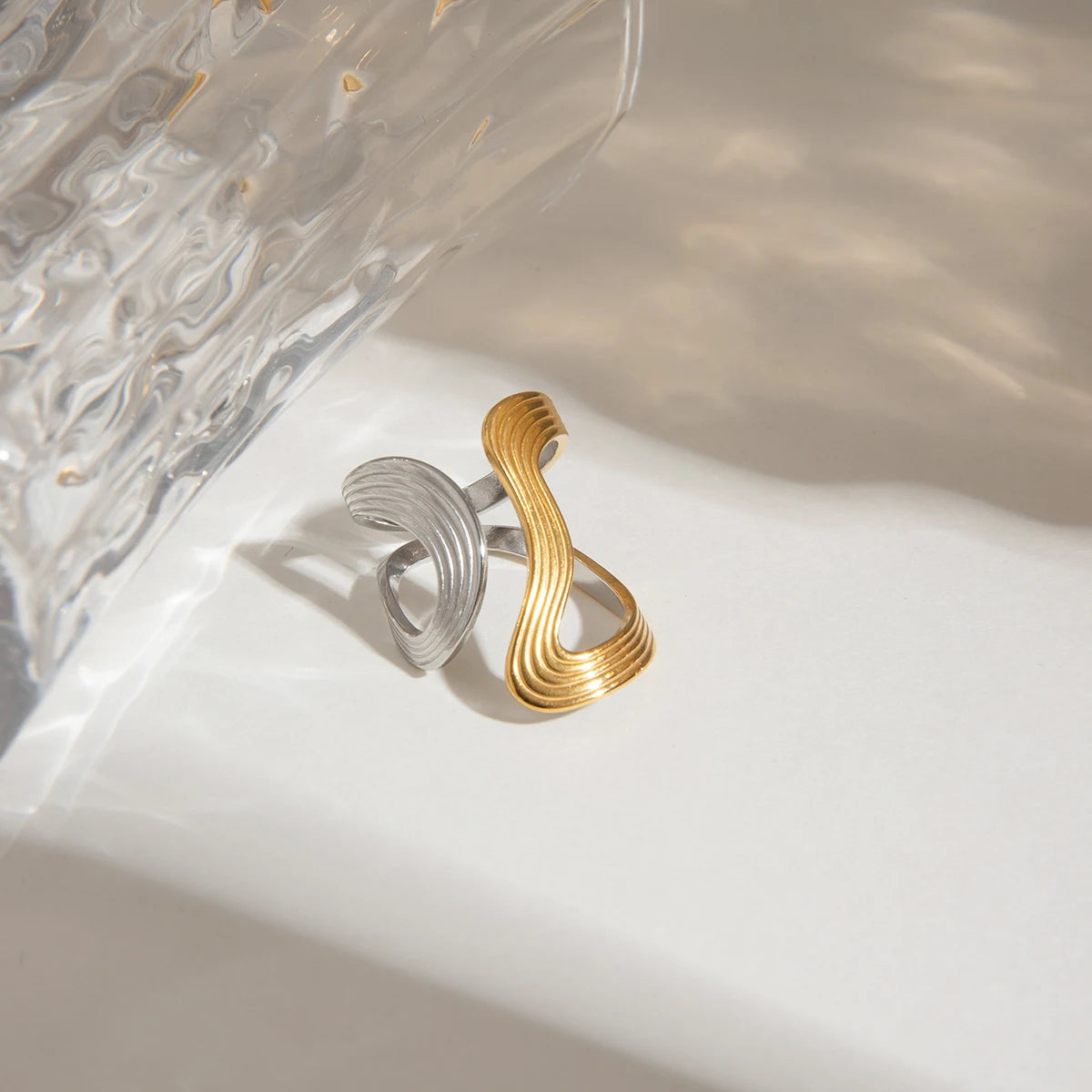 Gold Silber Farblich Passender Gewindering Unregelmäßiger Offener Ring 18K PVD Beschichtet Damen Anti-Allergisch Metall Charm Täglicher Schmuck