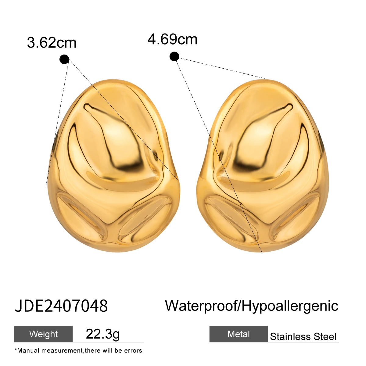 Mode Anti-Allergisch Edelstahl 18K Oval Große Glänzende Hammerschlag-Textur Ohrringe Damen Rostfrei Attraktiver Schmuck