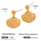 Brinco de Concha do Mar Pequena Bola de Metal Textura Resistente à Água Hipoalergênico Fino Polido em Aço Inoxidável Banhado a Ouro 18K