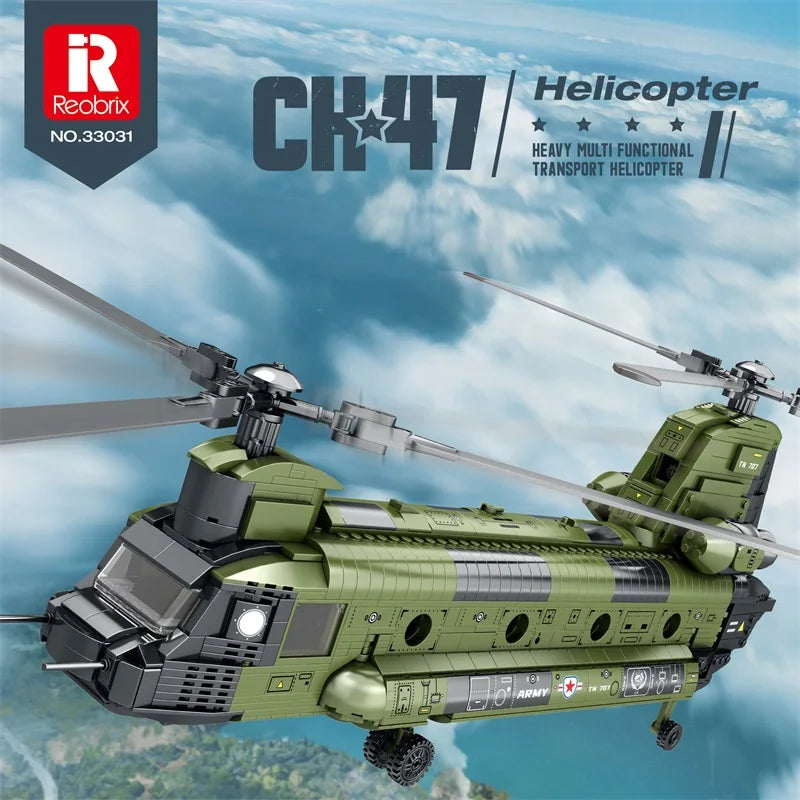 Reobrix 33031 MOC CH-47 Chinook Transport Plane Building Blocks Military Armed Helicopter Fighter Toy Birthday Gift For Kids