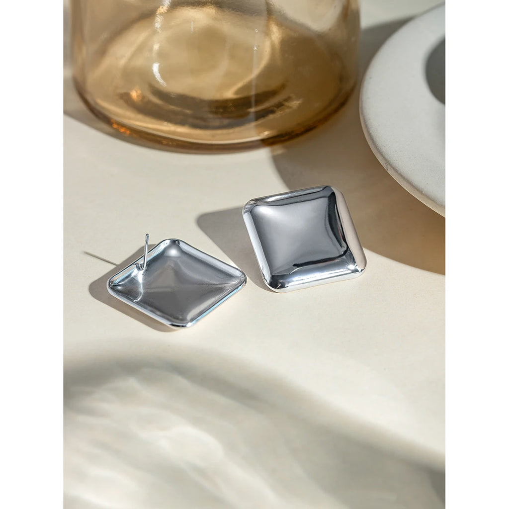 18K Square Smooth Stud Earrings for Women Stainless Steel Metal Texture Steel Color Waterproof Charm Sweet Jewelry Gift New