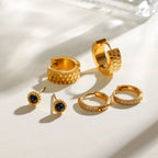 3 Pairs Per Card Stainless Steel Black Agate White Rhinestone Earrings 18K PVD Plated Anti Allergic Rust Proof Jewelry