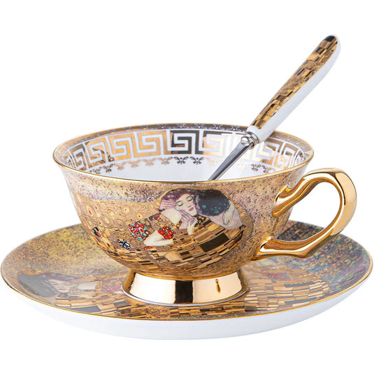GUSTAV KLIMT "The Lovers" inspireret europæisk kaffesæt i Bone China - Tekopper og underkoppakke Retro luksus porcelænskrus til fødselsdagsbryllup Særlige lejligheder, middagspar med gaveæske