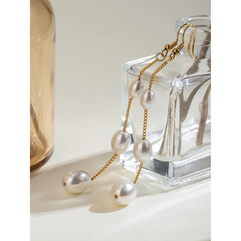 Pendientes colgantes largos con perlas en cadena de acero inoxidable de playa 18K, accesorios para mujeres, joyería de declaración anti alérgica