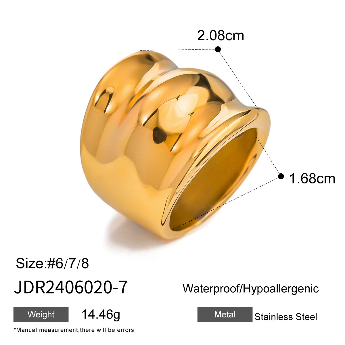Bague brillante triple couche à grain de marteau en acier inoxydable avec charme PVD 18K, taille 7, accessoire de mode féminin attrayant, résistant à la rouille
