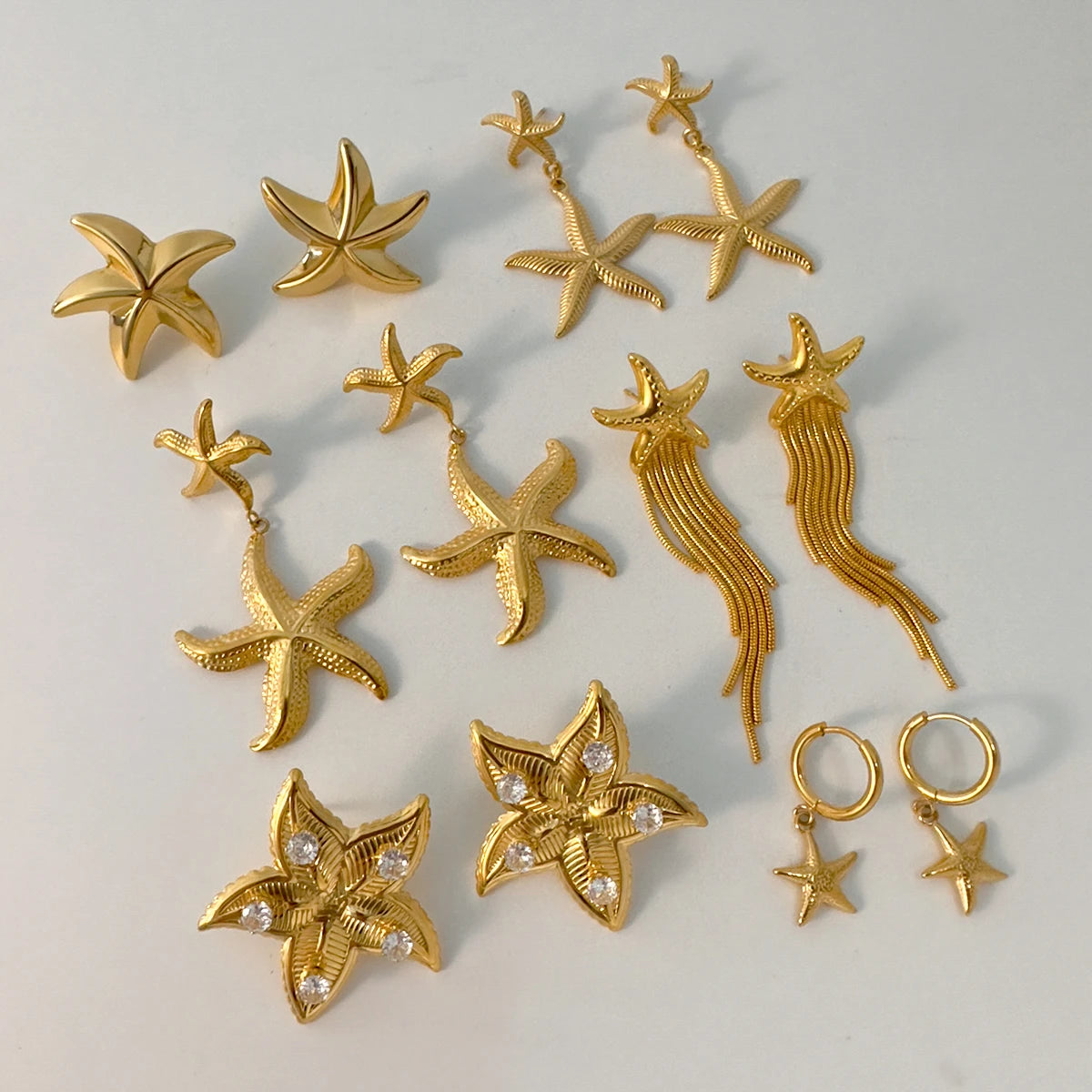Brincos Pingente Estrela-do-mar Vintage da Série Verão Mar Oceano Banhados a Ouro 18K Aço Inoxidável Joias à Prova d'Água para Mulheres