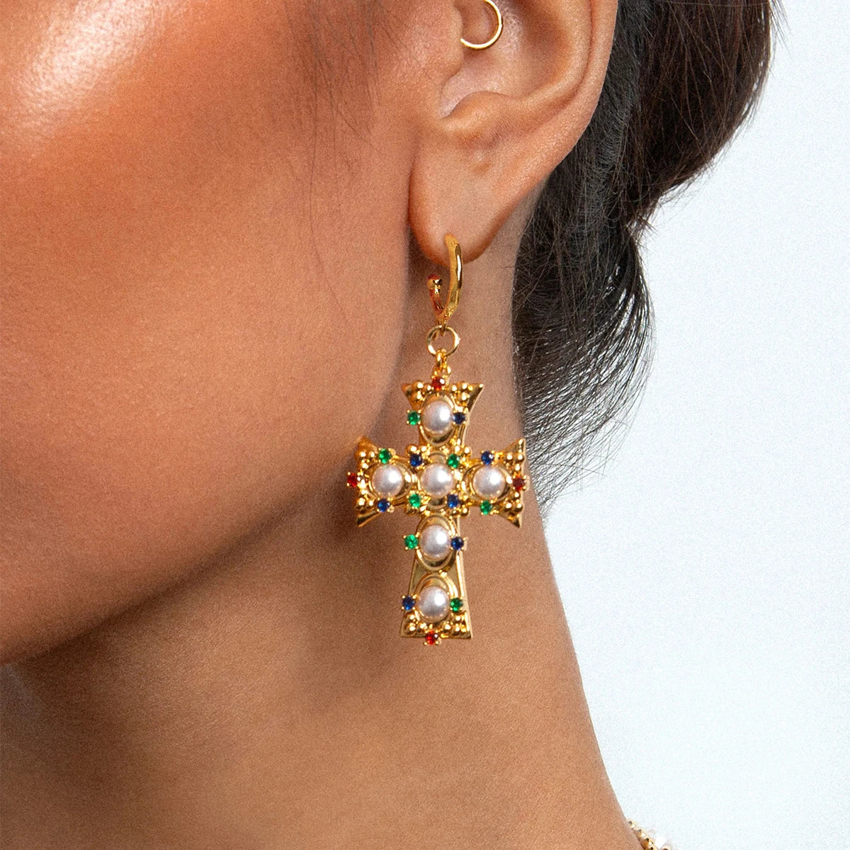 18k Gold Plated Stainless Steel High End Diamond Bead Cross Pendant Earring Prevent Allergy Temperament Fashion Charm Jewelry