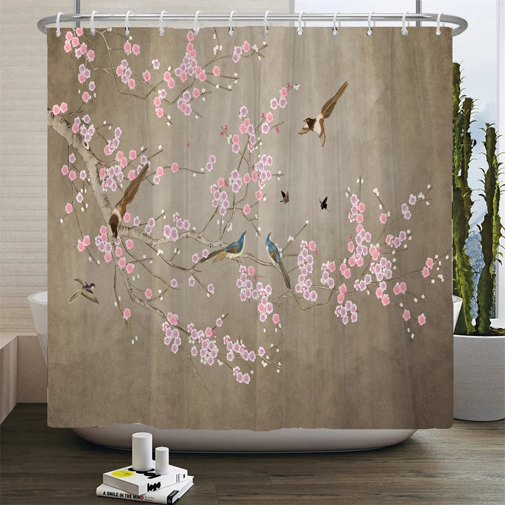 Chinese style Flowers and Birds Waterproof Shower Curtain Set Toilet Seat Cover Bath Non-Slip Mat Rug Carpet Bathroom Decor