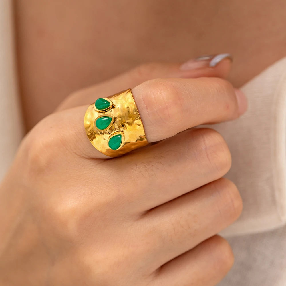 Overdrevet natursten ring til kvinder vintage uregelmæssigt design grøn sten ring rustfrit stål ring smykker gave anillos