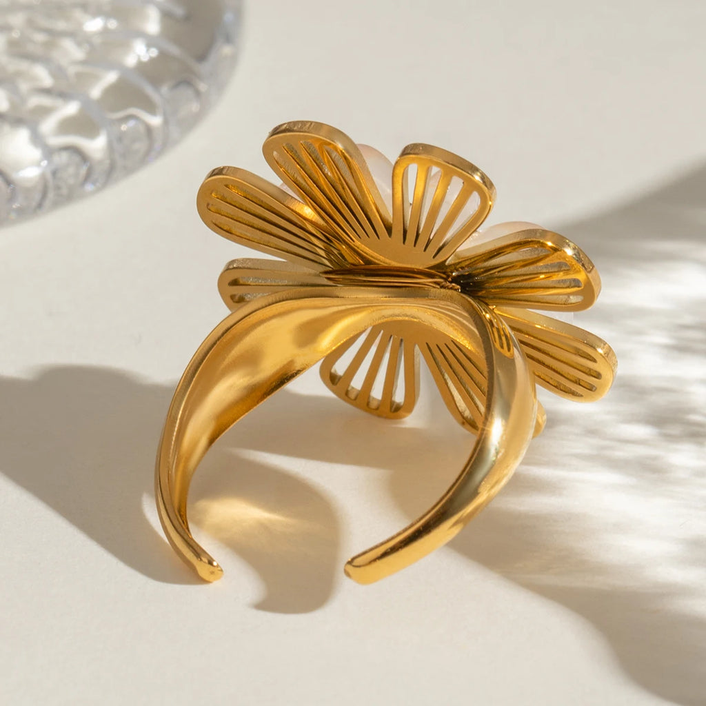 Vintage 18K Stainless Steel Shell Beads Hollow Plastic Flower Open End Ring Women Anti Allergic Charm Daily Jewelry Bijoux Femme
