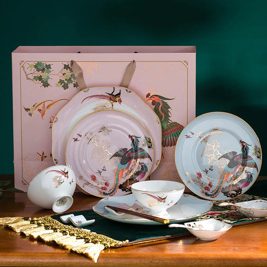 Service de table Jingdezhen, service de vaisselle oiseaux et phénix, luxe léger et haut de gamme pour la maison