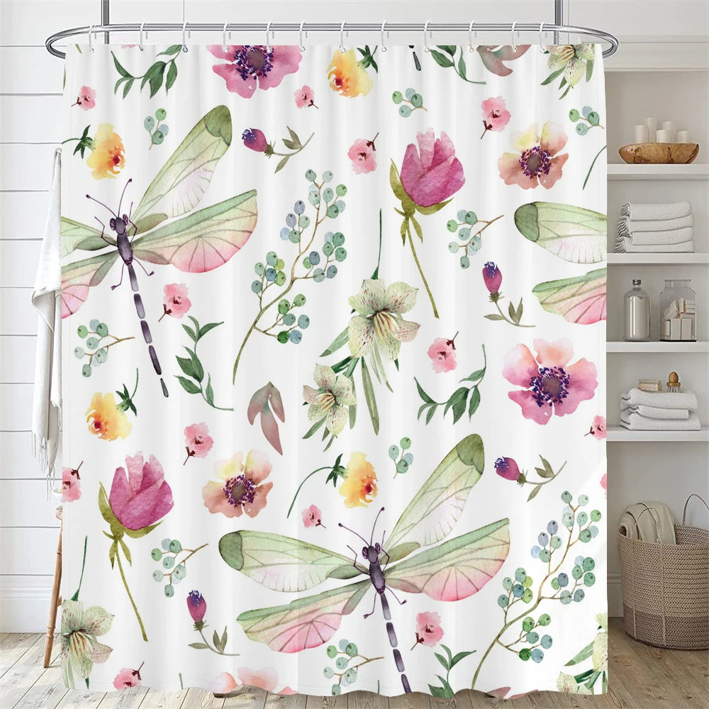Bathroom Floral Shower Curtain, Retro Flower Farmhouse Flower Plant Butterfly Animal Bohemia, bathtub shower curtain with hooks