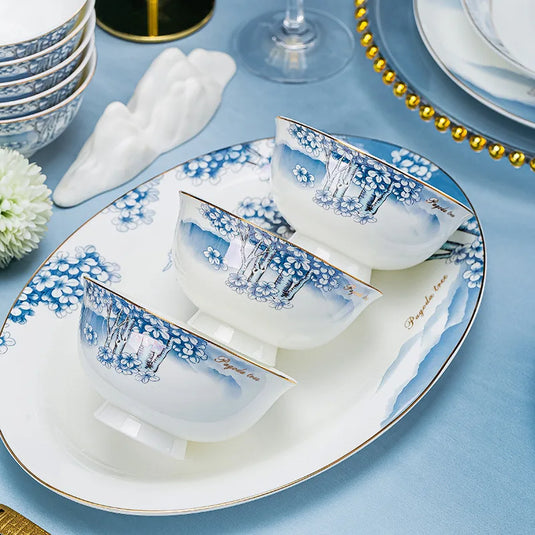 Ensemble complet de bols, plats et assiettes en céramique de Jingdezhen, ensemble de vaisselle en porcelaine bleue et blanche