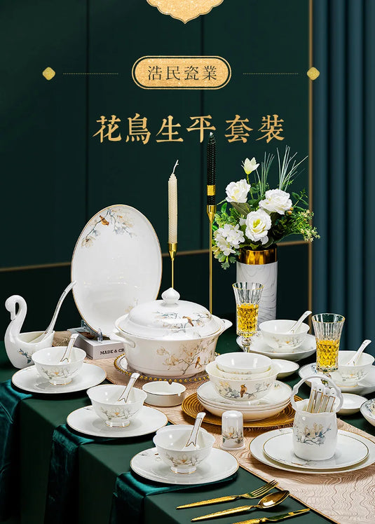 Jingdezhen Chinese style household ceramic bowls, plates, sets, boxes, bone china tableware, bowls, chopsticks, sets, porcelain