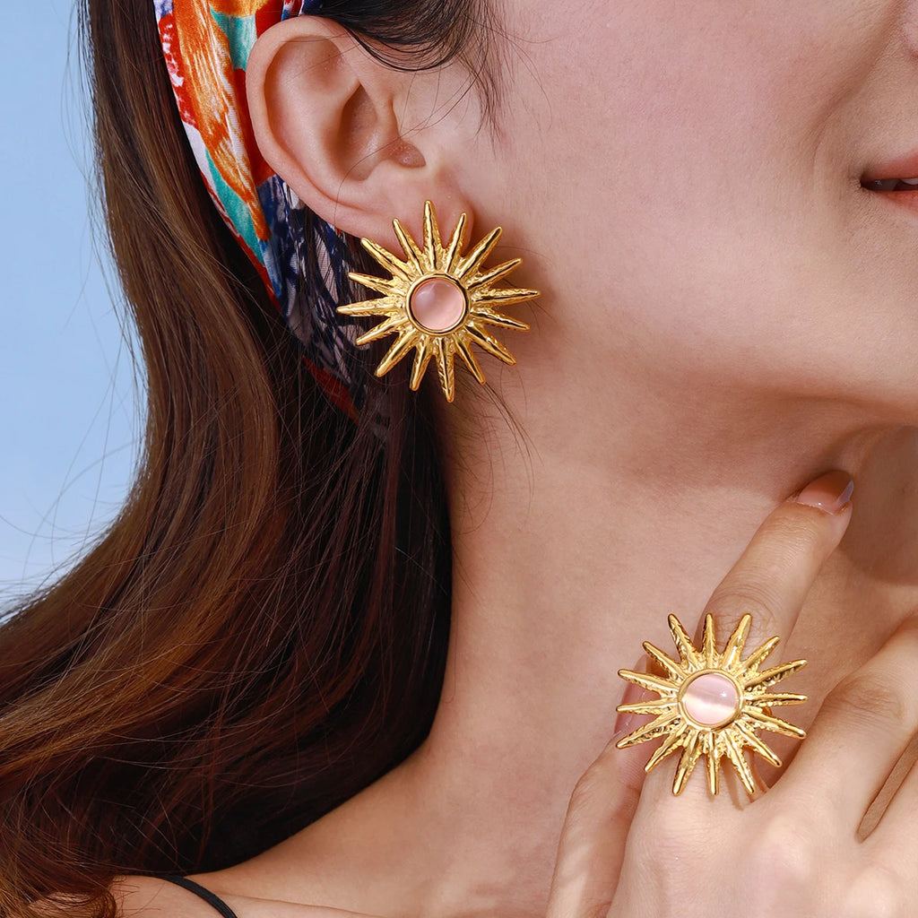 Pendientes y anillo para mujer con piedra de ojo de gato y patrón de sol, de acero inoxidable chapado en oro de 18k, antialérgicos, a prueba de óxido, joyería elegante