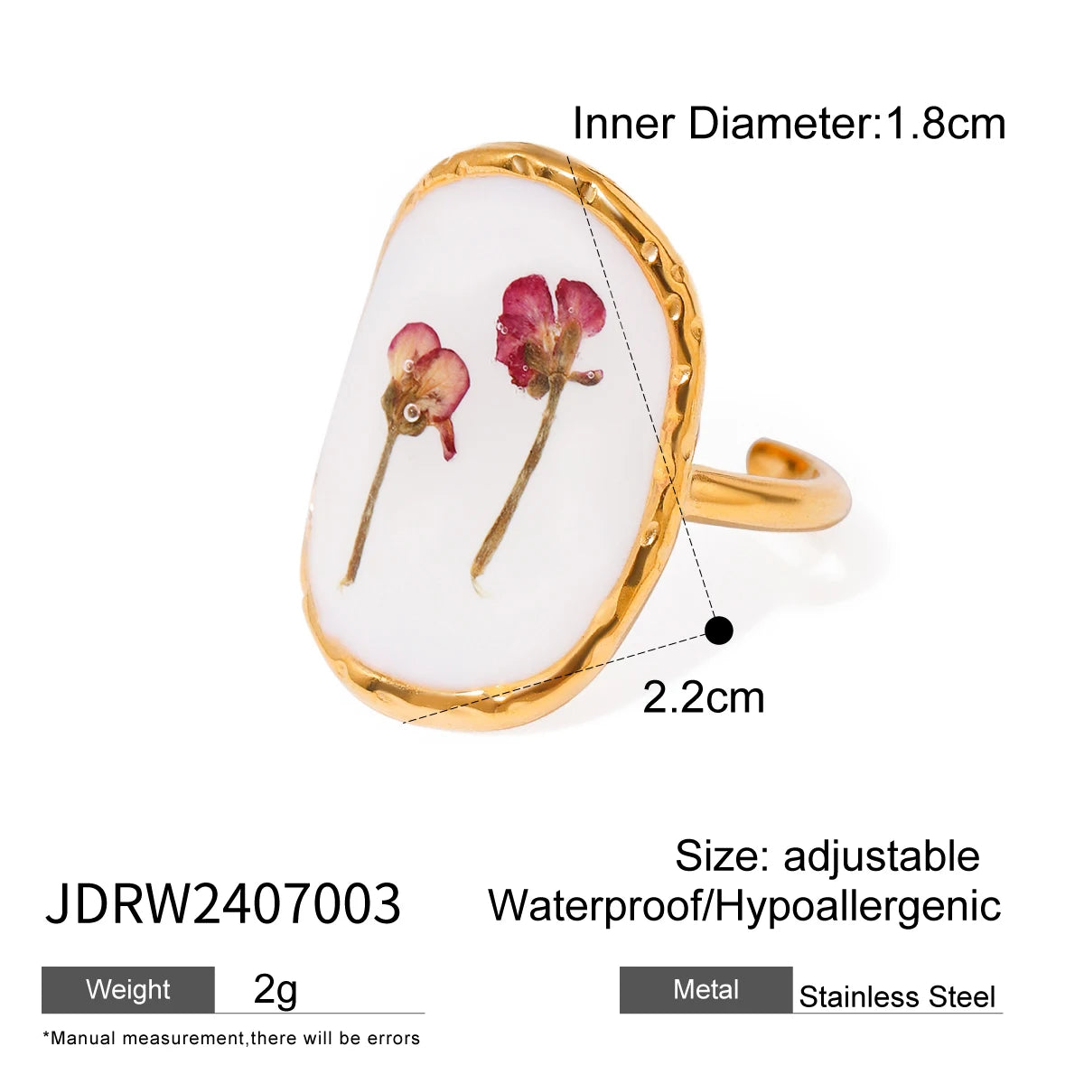 Leichter, gemütlicher, 18k vergoldeter minimalistischer weißer Tropfen-Öl getrockneter Blumen-Open-End-Ring für Frauen aus Edelstahl Statement-Schmuck