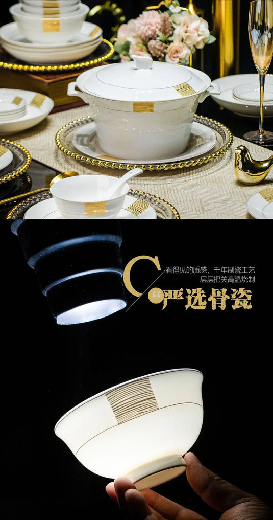 Ensemble de vaisselle en porcelaine d'os de Jingdezhen simple et luxueux Ensemble de bols et d'assiettes Ensemble de bols et d'assiettes combinés