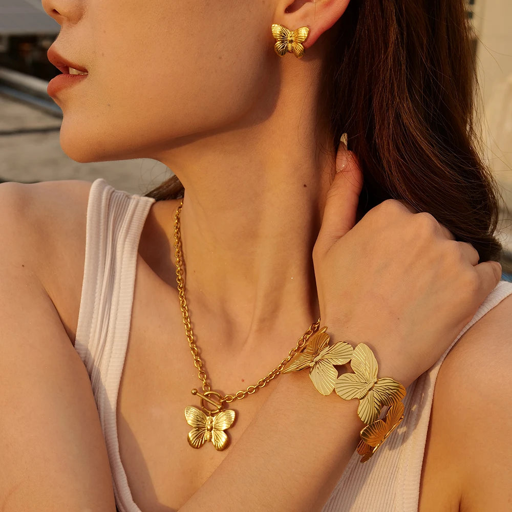 Polytype anløbssikker farverige smykkesæt i rustfrit stål til kvinder Øreringe Armbånd 18K guldbelagte øreringe Armbåndssæt