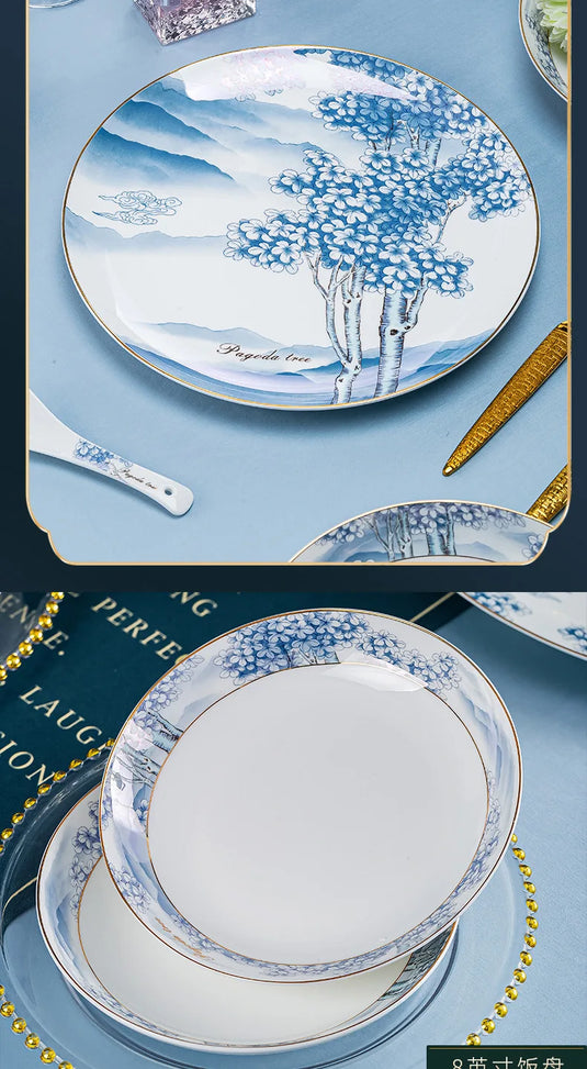 Ensemble complet de bols, plats et assiettes en céramique de Jingdezhen, ensemble de vaisselle en porcelaine bleue et blanche