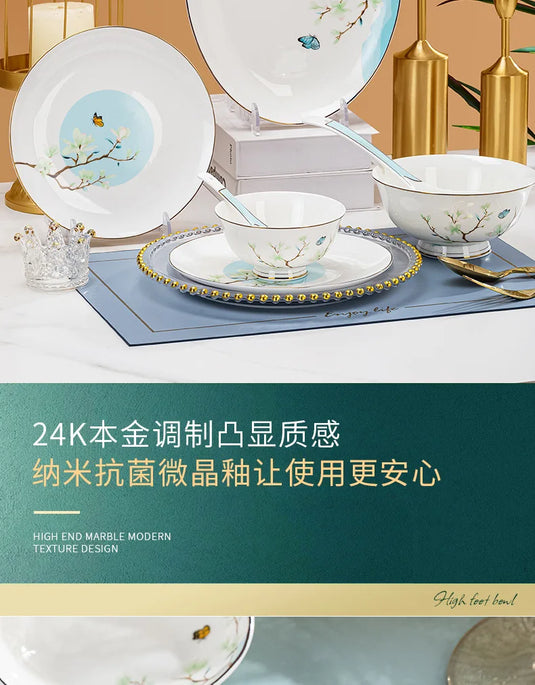 Jingdezhen New Chinese Ceramic Bowls, Dishes, Bone Porcelain Tableware, Bowls, Chopsticks Set, Household Use