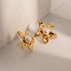 2024 Delicate Stainless Steel 18k Gold Stainless Steel Flower Shaped Earrings Inlay With Pearls Light Cozy Jewelry for Women - Grand Goldman