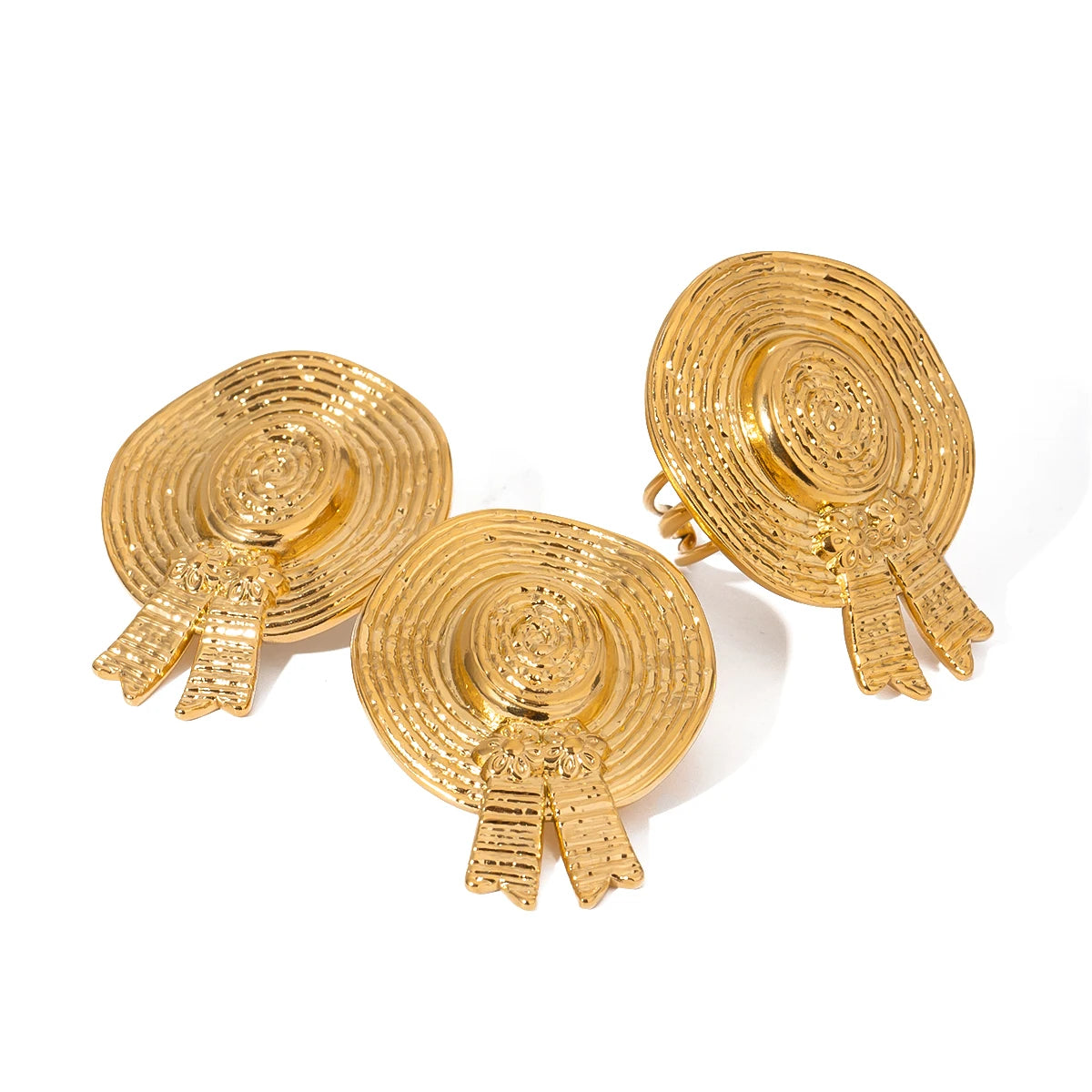 Charm 18K Gold Plated Stainless Steel Flower Straw Hat Shape Open Ring Stud Earrings Women‘s Water Resistant Daily Jewelry