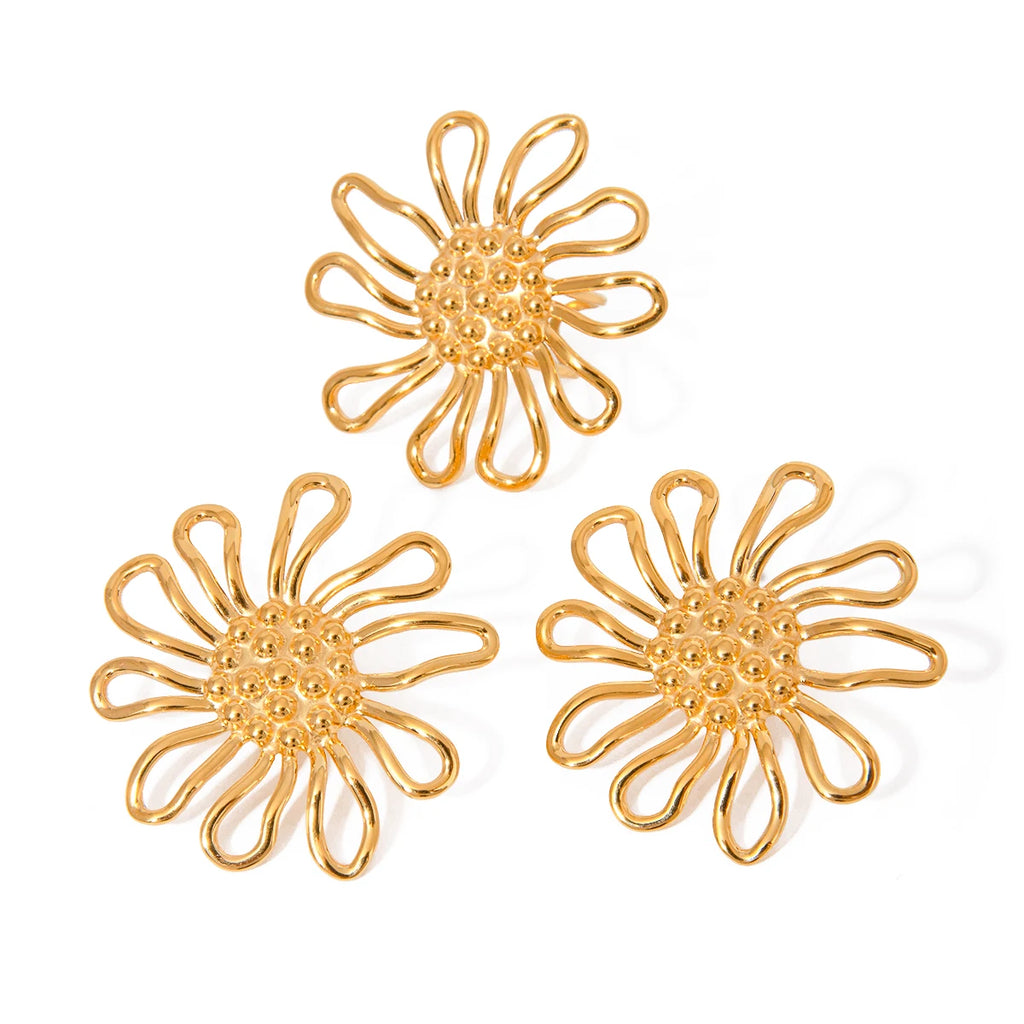 18K Gold Plated Exquisite Hammer Grain Hollowed Out Flower Earrings Open Ring Women Stainless Steel Minimalist Charm Jewelry