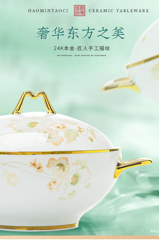 Jingdezhen Ceramic Tableware, Light Luxury Bone Porcelain Tableware Set, Household Bowl and Chopstick Plate Combination