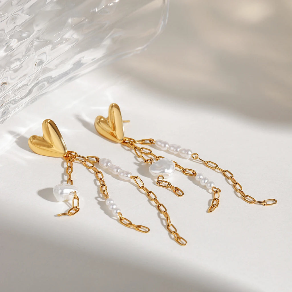 Imitation Pearl 18k Gold Plated Stainless Steel Elegant Smooth Heart-shaped Tassel Earring Women Prevent Allergy Gala Gift