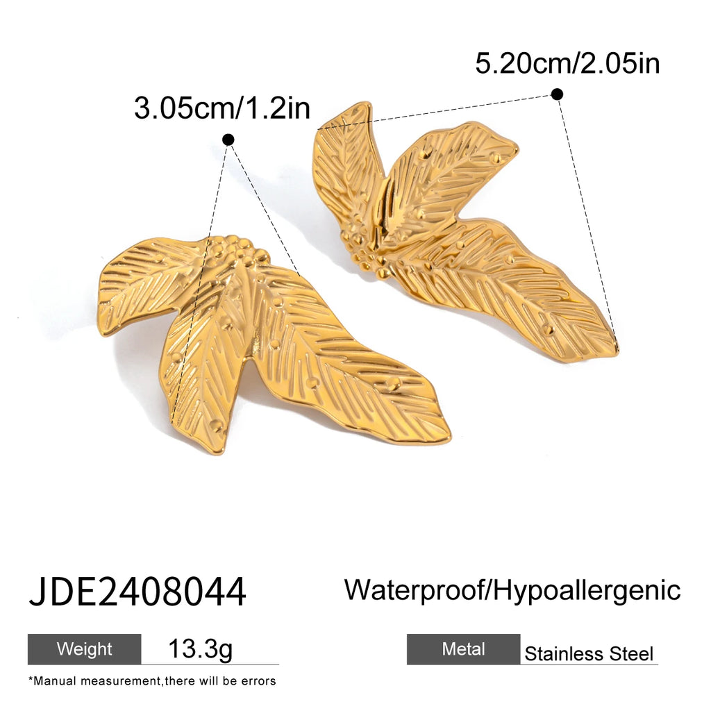 Minimalistisk 18K forgyldt rustfrit stål Ribbede bladformede øreringe Kvinder Daglig metaltekstur Anti-allergiske smykker