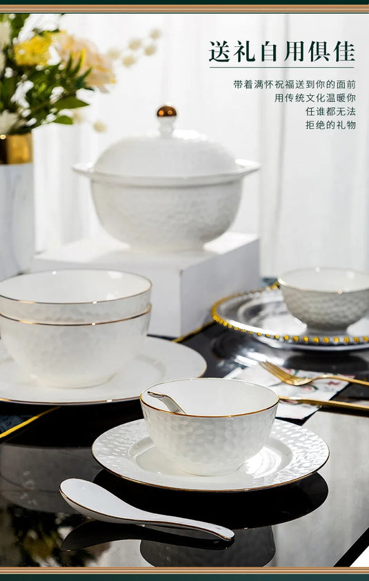 Jingdezhen Ceramic Tableware Set, Hand-painted Phnom Penh Water Cube Creative Bone Porcelain Bowls and Dishes for Home Use