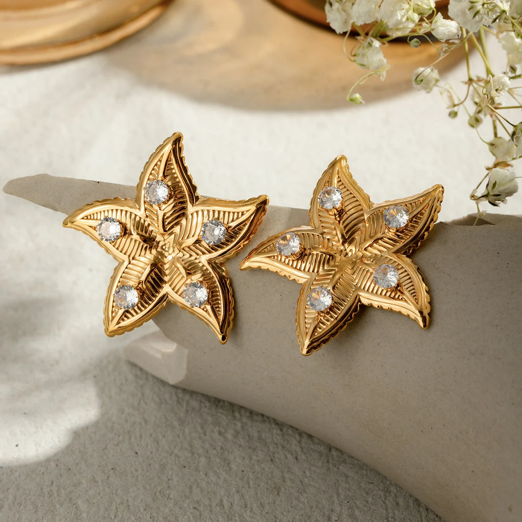 Stainless Steel 18K Gold Plated Starfish Shaped Earrings Inlay Zircon Vintage Statement Stylish Waterproof Jewelry Women
