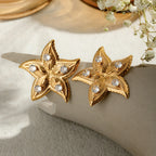 Stainless Steel 18K Gold Plated Starfish Shaped Earrings Inlay Zircon Vintage Statement Stylish Waterproof Jewelry Women