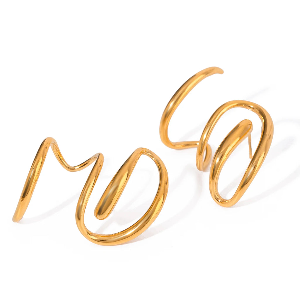 Minimalist 18K Gold Plated Stainless Steel Design Sense of Rotary Line Earrings Women Daily Metal Texture Trendy Charm Jewelry - Grand Goldman