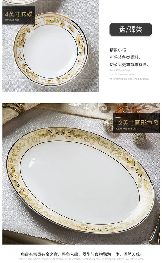 Luxury Tableware Set Golden Bone China Ceramic Plates Dinner Set 58pcs Royal Porcelain Dinnerware