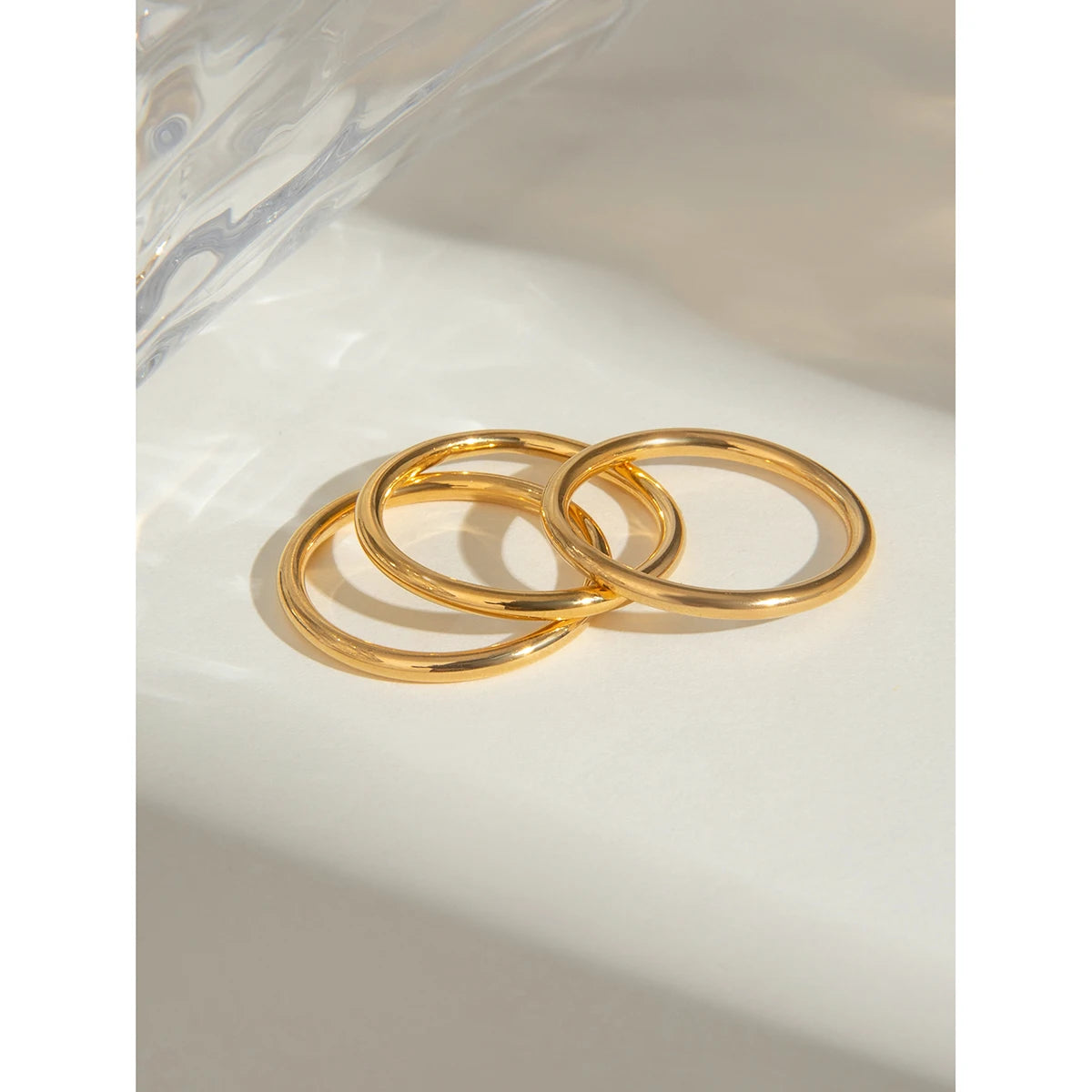 18K Gold Plated Stainless Steel Set of Three Rose Gold Circle Ring Size 7 Women Anti Allergic Metal Statement Jewelry