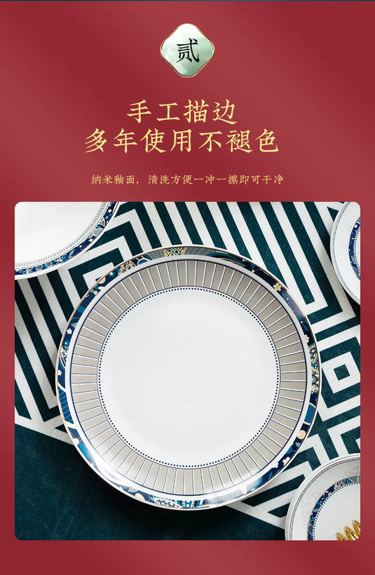 Coffret cadeau de vaisselle en céramique peinte à la main de luxe bleu glacier Jingdezhen Ensemble de bols et de baguettes en porcelaine de Chine chic