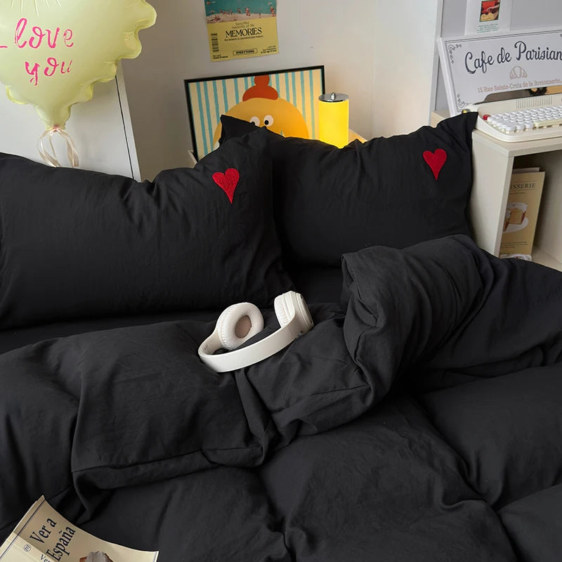 Cool Black Duvet Cover Set Ins Nordic Embroidery Heart Bed Sheet Set Of Four Pieces Home Luxury Bedding Set For Girls