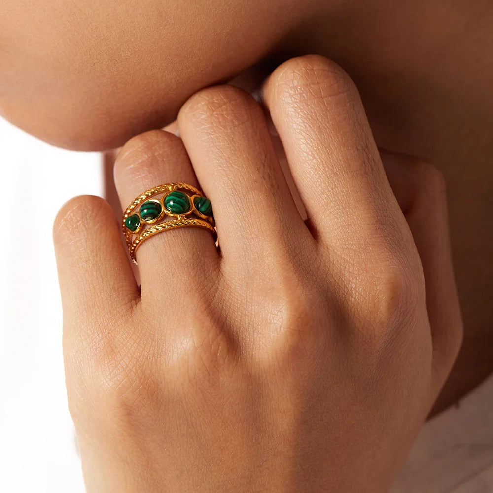 Water Proof PVD Gold Plated Stainless Steel Natural Malachite Stone Hollow Adjustable Rings Waterproof anillo acero inoxidable