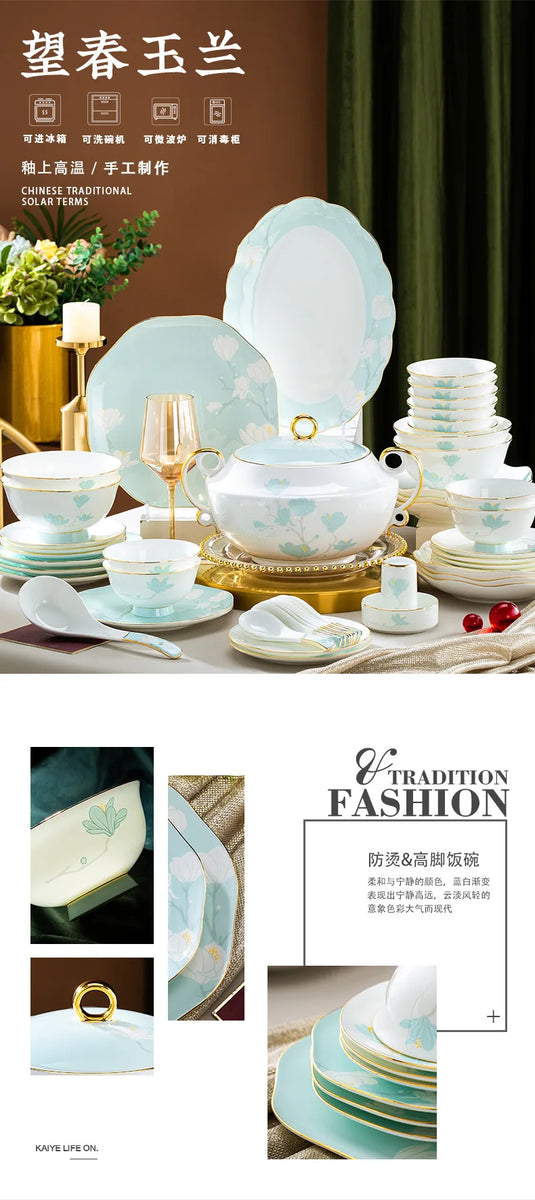 Jingdezhen Ceramic Dish Set Light Luxury Gold Border Bone Porcelain Tableware Set Bowl Plate Chopstick Combination