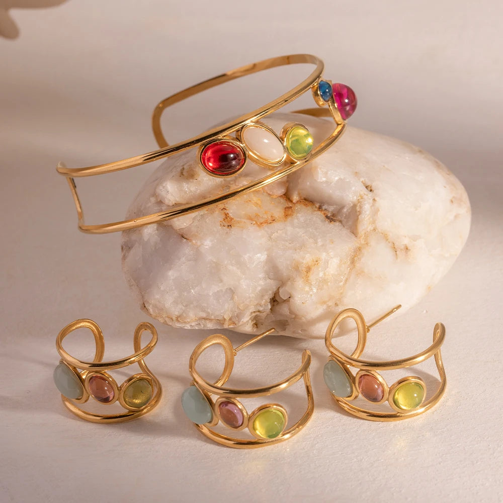 Set di gioielli in vetro Moranti Treasure di lusso con design spagnolo di nicchia, impermeabile in acciaio inossidabile placcato oro 18K /Orecchini/Bracciale