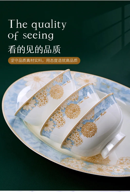 Modern luxury bowls and plates Jingdezhen ceramic tableware, gilt-edged bowls and plates set, household