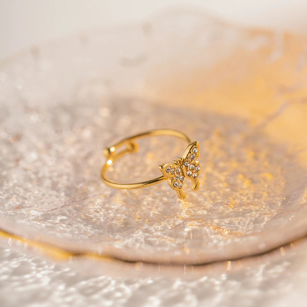 Vintage roestvrijstalen vlinder ingelegde strass open ring eenvoudige creatieve verstelbare sieraden cadeau voor vrouwen Anillos Mujer
