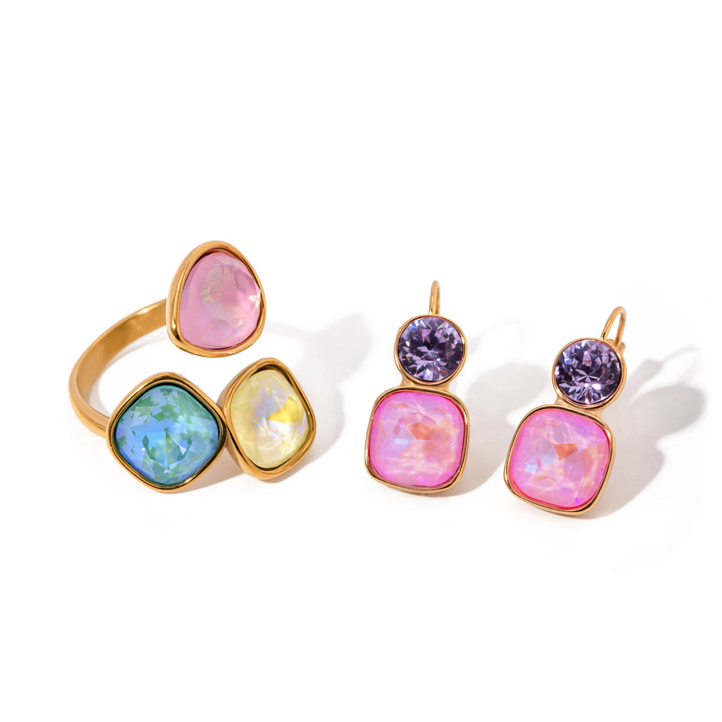 Hot Style 2024 rustfrit stål geometriske flerfarvede zirkonøreringe åbne ringsæt 18K guld vandtæt belagte alsidige smykker