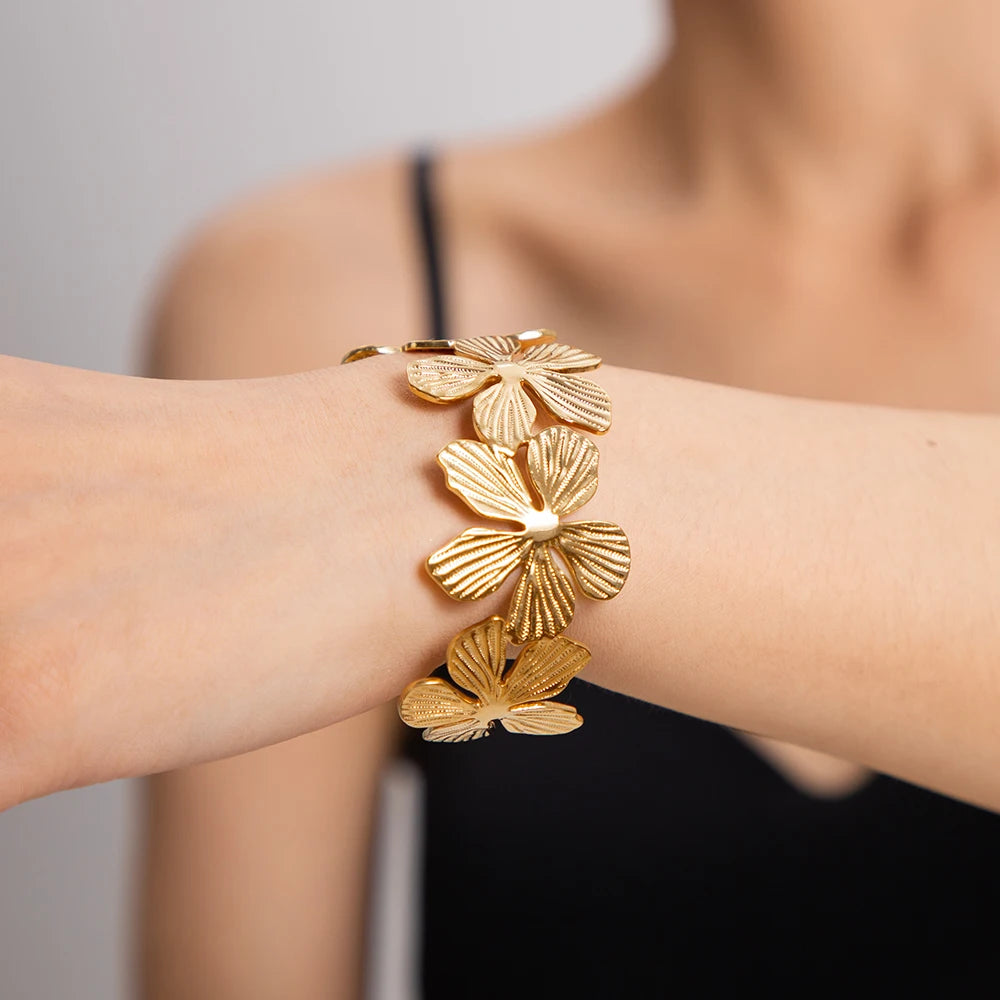 Stainless Steel Exaggerated Flower Bracelet Earrings Rings Set Waterproof 18K Gold PVD Plated For Women Fashion Jewelry Set - Grand Goldman